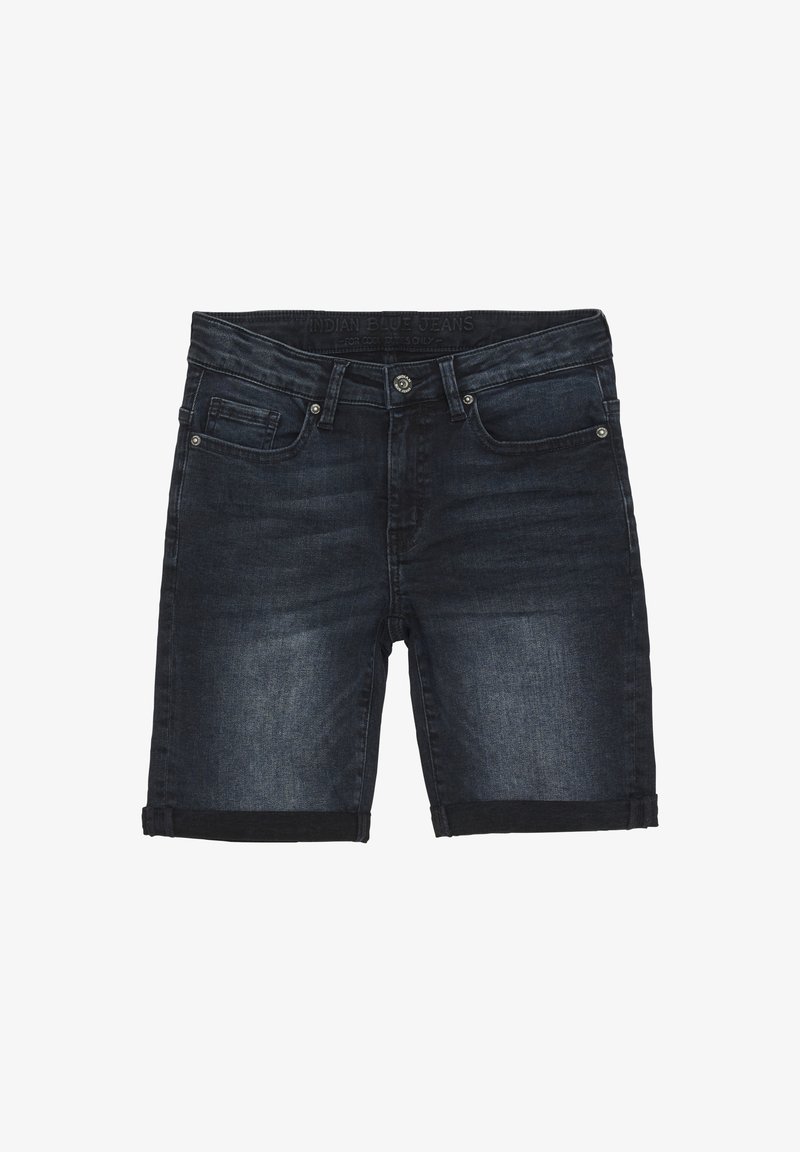 Donkerdenim short met een rechte snit, voorzien van een omgeslagen zoom, een klassiek vijfzakdesign en een knopenfly sluiting.