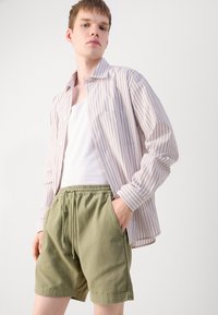 Rozā un baltā striped garām piedurknēm krekls, kas uzvilkts virs baltas t-krekla, kopā ar zaļām kokvilnas šortiem ar elastīgu jostasvietu un sānu kabatām.