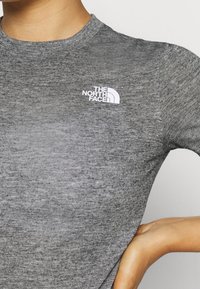 Gray short-sleeve t-shirt with a round neckline, made of soft fabric. Features a white logo on the left chest area.