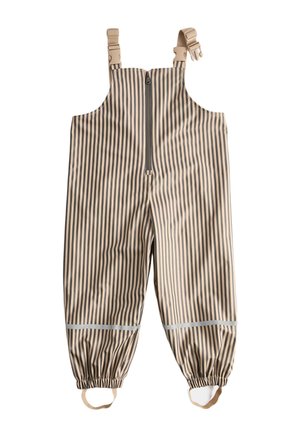 Beige og sorte lodrette stribede vandtætte overalls med frontlynlås, justerbare skulderstropper, elastiske manchetter og fodstropper.