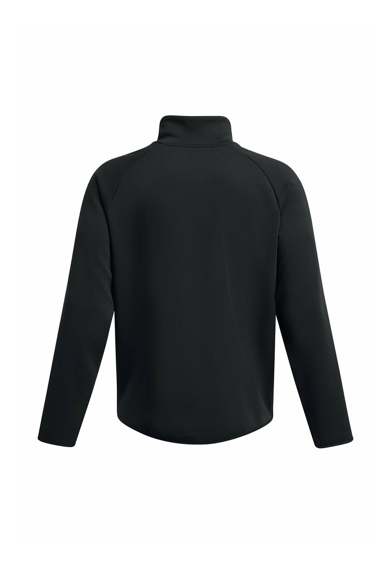 Czarny sweter z wysokim kołnierzem, długimi rękawami raglanowymi i gładką fakturą. Posiada zakrzywiony dół i minimalistyczny design.