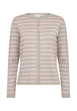 Gebreide cardigan in lichtbruin met lichtroze horizontale strepen, met een ronde halslijn en een knoopsluiting aan de voorkant. Lange mouwen, gladde textuur.