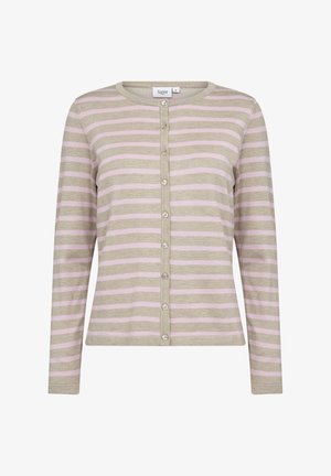 Cardigan lavorato a maglia in marrone chiaro con strisce orizzontali rosa pallido, dotato di scollatura rotonda e chiusura frontale con bottoni. Maniche lunghe, texture liscia.