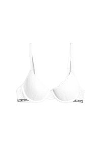 Soutien-gorge en dentelle blanche avec des bonnets légèrement rembourrés, des bords festonnés et des bretelles ajustables. Doté d'un bandeau décoratif noir et blanc au bas.