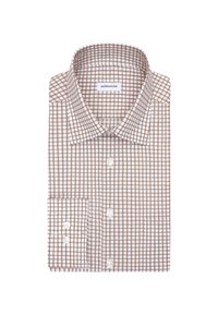 Camicia a quadri marrone e bianca, colletto button-down, bottoni sulla parte anteriore e sui polsini, tessuto liscio e un'etichetta cucita all'interno del colletto.