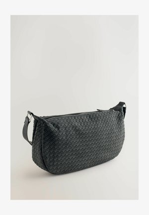 Black woven leather bag with a rectangular shape, a zip closure, and an adjustable strap. Features textured surface and sleek design.