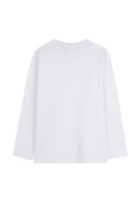 Wit T-shirt met lange mouwen, gemaakt van katoen, met een ronde halslijn en een eenvoudig ontwerp zonder graphics of patronen aan de achterkant.