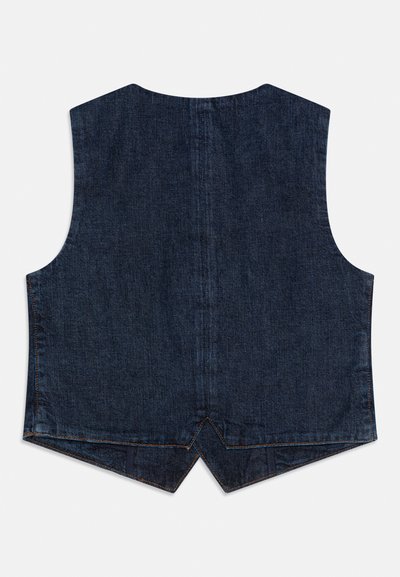 Sötétkék farmer mellény, látható függőleges varrással a hát közepén és hegyes alsó szegély részlettel.