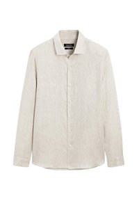 Light beige long-sleeve shirt made from a textured fabric, featuring a pointed collar and a button-up front with six buttons.