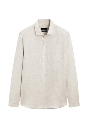 Lys beige langærmet skjorte lavet af et struktureret stof, med en spids krave og en knaplukning foran med seks knapper.