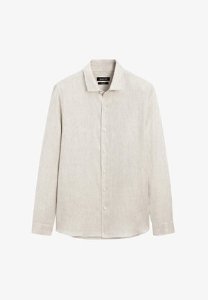 Lys beige langærmet skjorte lavet af et struktureret stof, med en spids krave og en knaplukning foran med seks knapper.