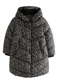 Kurtka puchowa w ciemnym brązie i czerni z wzorem w panterkę. Posiada kaptur, pikowaną fakturę oraz dwie boczne kieszenie.