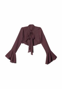 Blusa corta burdeos con mangas largas acampanadas y escote con lazo. Hecha de tela ligera, presenta una textura suave y un diseño fluido.