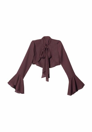 Blusa corta burdeos con mangas largas acampanadas y escote con lazo. Hecha de tela ligera, presenta una textura suave y un diseño fluido.