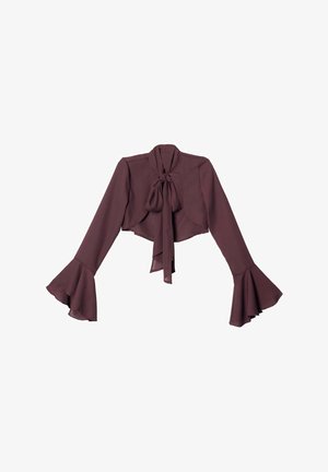Blouse bordeaux raccourcie avec de longues manches évasées et un col à nouer. Fabriquée en tissu léger, avec une texture lisse et un design fluide.