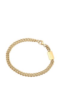 Gold chain bracelet featuring interlocking links, a lobster clasp, and a small rectangular tag with engraving. Smooth, shiny texture.