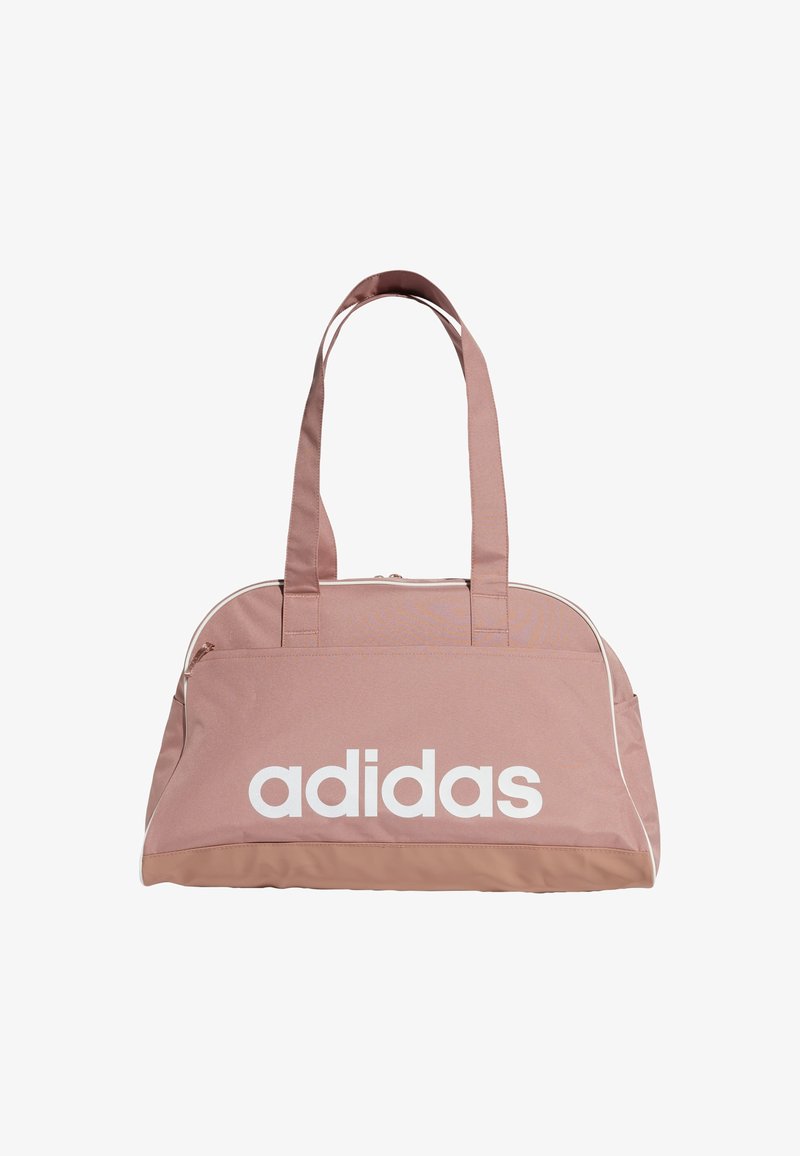 Borsa sportiva in tessuto rosa con zip sulla parte superiore, due manici corti, logo bianco sulla parte anteriore e bordi bianchi a contrasto.
