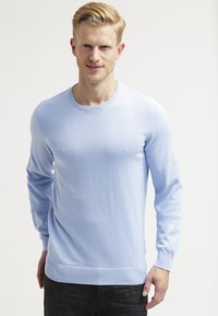 Pulover bleu deschis cu guler rotund, mâneci lungi și manșete și tiv curbat cu model în relief. Textură netedă și design ajustat.