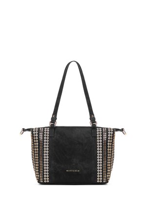 Bolso tote negro con dos asas para el hombro, decorado con filas verticales de ojales dorados en los lados y con el logotipo "WITTCHEN" en dorado en la parte frontal.