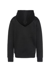 Felpa nera con cappuccio, dalla trama liscia, con polsini e orlo a costine. La vista posteriore non mostra loghi o motivi visibili. Design semplice e funzionale.