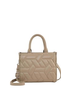 Sac à main en simili cuir beige avec un motif géométrique texturé, deux poignées supérieures et une bandoulière amovible. Design compact et structuré.