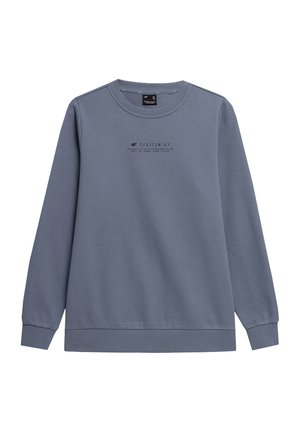 Long-sleeve gray-blue sweatshirt with ribbed cuffs and hem, featuring small centered black text "4F SPORTSWEAR" on the chest.
