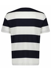 Korte mouwen T-shirt met afwisselend marineblauwe en witte horizontale strepen, gemaakt van katoen met een zachte textuur en een ronde hals.
