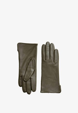 Tumedast rohelised nahkkindad siledast tekstuurist, millel on nelja sõrme disain ja pikem randmeosa vasakul kindal.