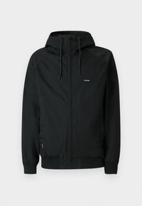 Veste noire à fermeture éclair avec capuche, fabriquée en tissu doux et lisse. Comprend des poignets élastiques et un petit logo sur le côté gauche de la poitrine.