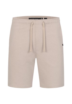 Shorts décontractés beige clair longueur genou avec taille à cordon et sans poches visibles, présentés sur un fond blanc.