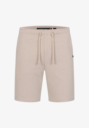 Shorts décontractés beige clair longueur genou avec taille à cordon et sans poches visibles, présentés sur un fond blanc.