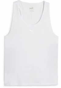 Valkoinen hihaton urheilupaita, joka on valmistettu synteettisestä materiaalista. Siinä on pyöreä pääntie ja pieni logo rinnassa. Sileä pinta.