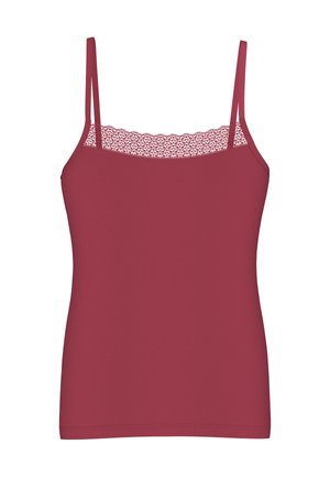 Bez rękawów bordowa kamizelka z cienkimi ramiączkami i delikatnym koronkowym wykończeniem przy kwadratowym dekolcie.