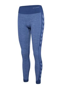 Niebieskie bezszwowe legginsy sportowe z wysokim stanem, bocznym wzorem w jodełkę i teksturowanymi panelami dla zwiększonego wsparcia i stylu.