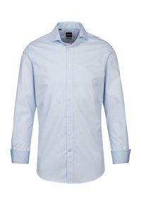 Camicia a maniche lunghe a righe blu chiaro con colletto button-down, bottoni bianchi e polsini decorati. Realizzata in tessuto liscio.