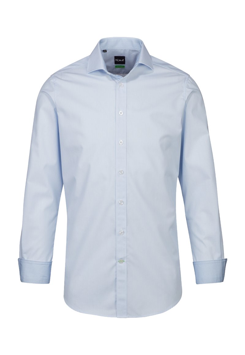 Camicia a maniche lunghe a righe blu chiaro con colletto button-down, bottoni bianchi e polsini decorati. Realizzata in tessuto liscio.