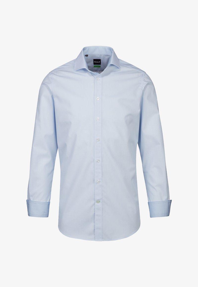 Camicia a maniche lunghe a righe blu chiaro con colletto button-down, bottoni bianchi e polsini decorati. Realizzata in tessuto liscio.