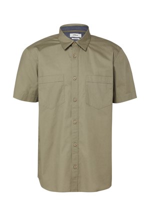Kurzärmeliges khakifarbenes Hemd zum Knöpfen mit spitzem Kragen und zwei Brusttaschen, präsentiert auf weißem Hintergrund.