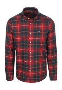 Rood, groen en marineblauw gescheckt overhemd met een button-down kraag, voorzien van een borstzak en witte knopen. Gemaakt van lichtgewicht stof.