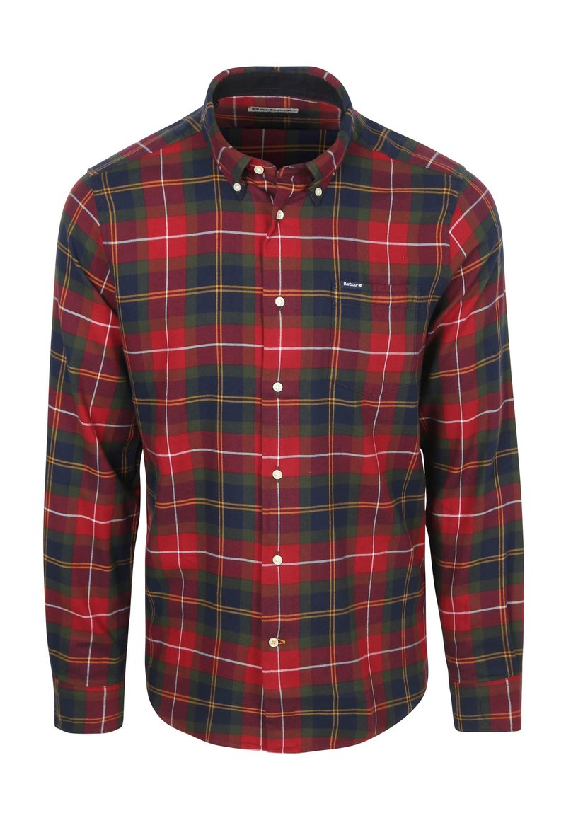 Rood, groen en marineblauw gescheckt overhemd met een button-down kraag, voorzien van een borstzak en witte knopen. Gemaakt van lichtgewicht stof.