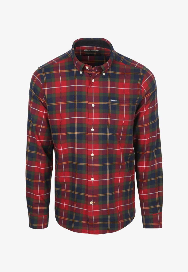 Rood, groen en marineblauw gescheckt overhemd met een button-down kraag, voorzien van een borstzak en witte knopen. Gemaakt van lichtgewicht stof.