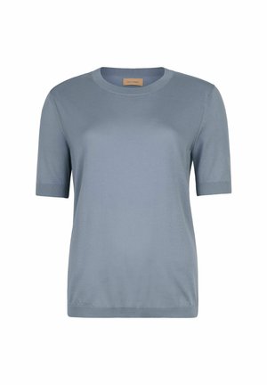 Helles blaues T-Shirt mit kurzen Ärmeln aus weichstem Material. Verfügt über einen runden Halsausschnitt und gerippte Säume für Form und Passform.