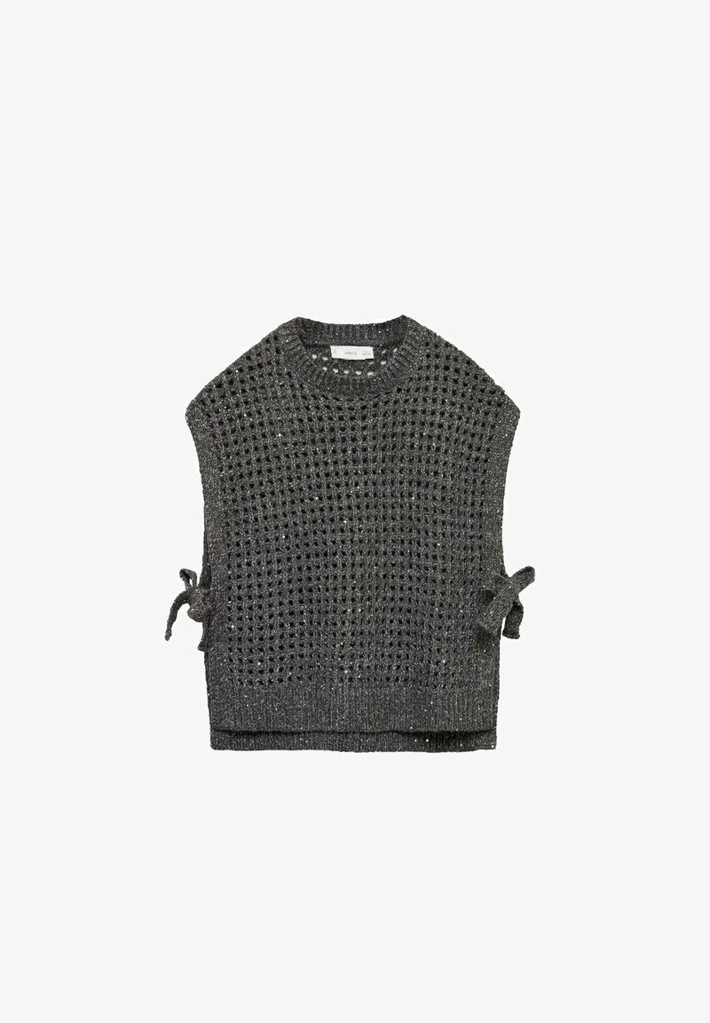 Black, knitted pullover with a textured, open weave. Features short sleeves with tie closures on each side. Round neckline. Lightweight.