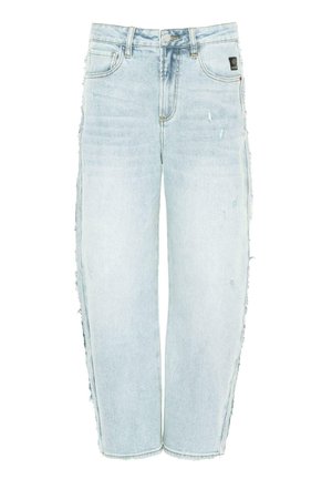 Light blue denim jeans, relaxed fit, with contrast stitching, rip details, and frayed edges. Features five pockets and a traditional waistband.
