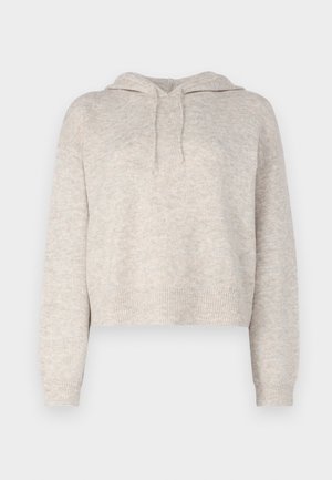 Haut à capuche court gris clair en maille texturée, avec une capuche à cordon de serrage et des poignets et un ourlet côtelés. Coupe douce et décontractée.