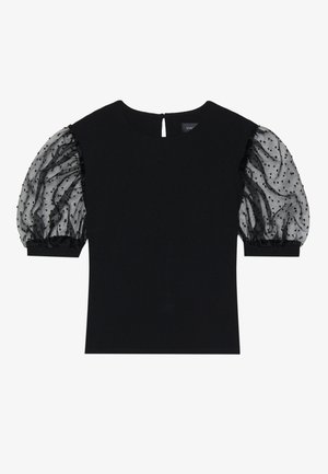 Čierny top s krátkym rukávom so priesvitnými balónovými rukávmi s čiernymi bodkami. Štruktúrovaný korzet s otváraním na chrbte a prispôsobeným strihom.