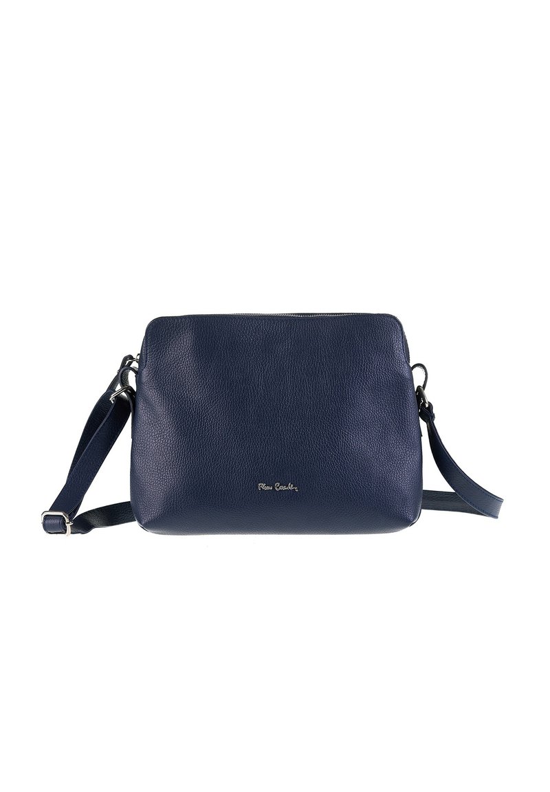 Borsa a tracolla in pelle blu con superficie testurizzata, chiusura con zip, tracolla regolabile e un logo metallico sul davanti.