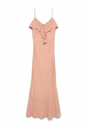 Világos rózsaszín hosszú, ujjatlan ruha vékony pántokkal, fodros nyakkivágással és elöl megkötős részlettel.