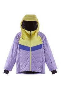 Isolierte Jacke mit einem lila Körper, gelber Kapuze und blauer Streifen, mit einem Frontreißverschluss und kontrastierenden schwarzen Bündchen.