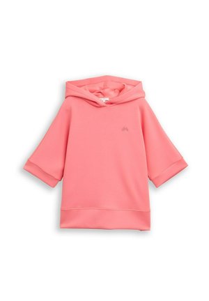 Pinkfarbenes kurzärmliges Hoodie mit kleinem, geprägtem Logo auf der Brust, flach auf einem weißen Hintergrund dargestellt.
